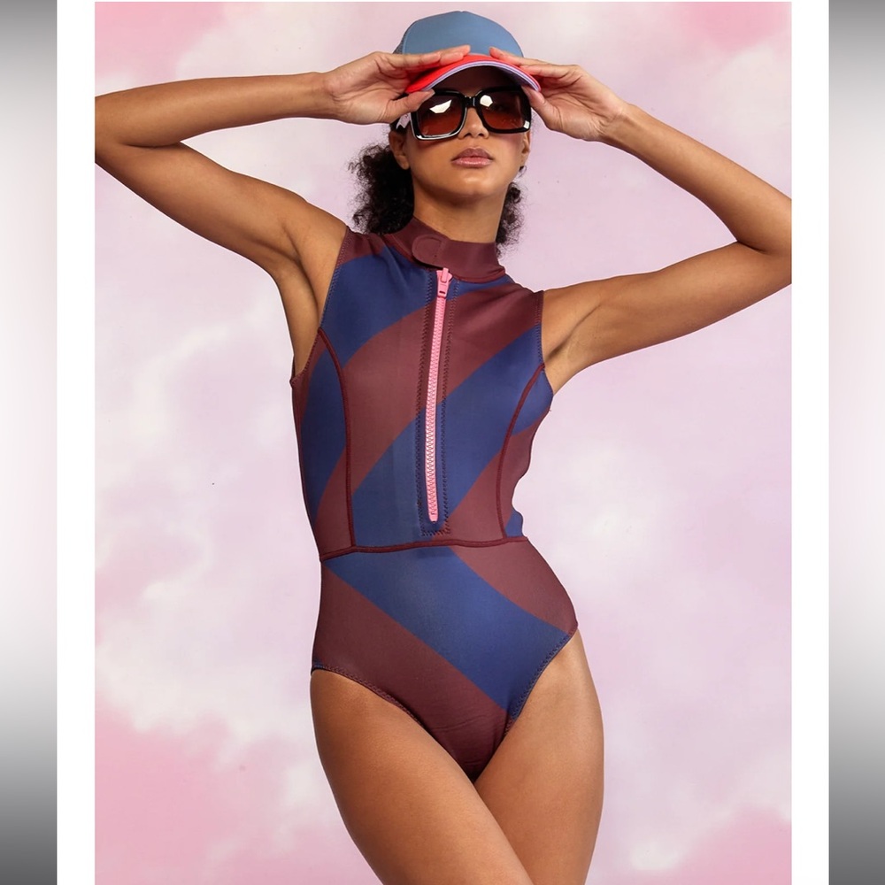 Cynthia‎ Rowley Sleeveless Striped Byron Wetsuit Navy Burgundy New Women Sz 1X